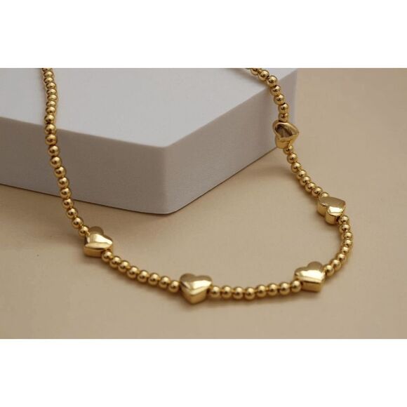 Gold Beaded Puffed Heart Saturn Necklace Choker - Picture 6 of 6
